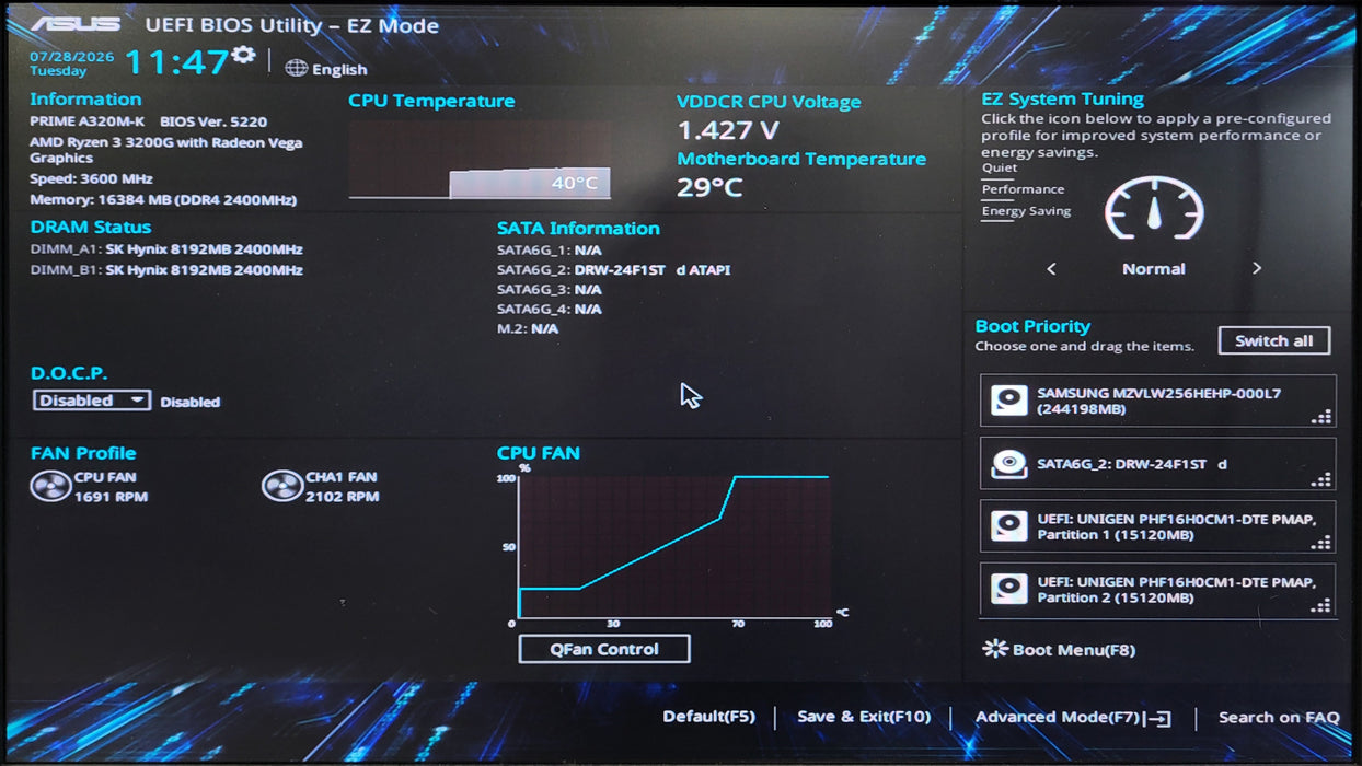 Custom PC, ASUS Prime A320M-K w/ AMD Ryzen 3 3200G, 16GB DDR4, 256GB NVMe, 400W