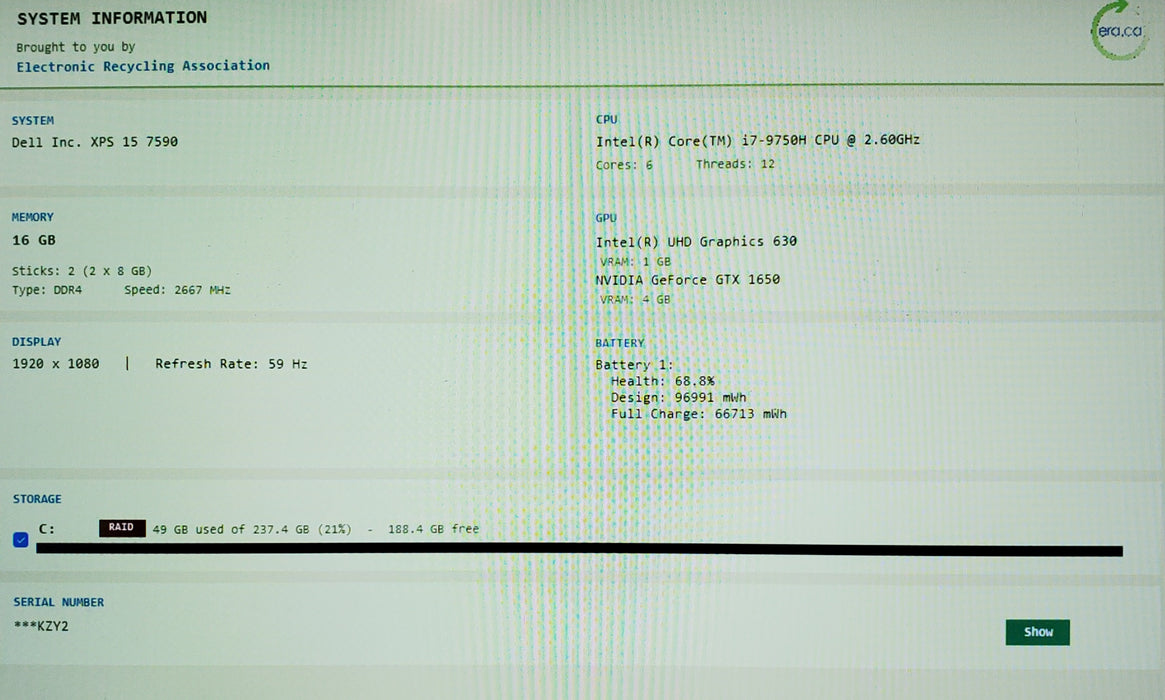 Dell XPS 15 7590 15" i7-9750H GTX1650 4GB GPU 16GB RAM 256GB SSD READ