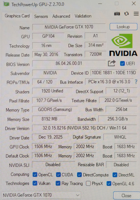 NVIDIA GeForce GTX 1070 8GB GDDR5 Graphics card