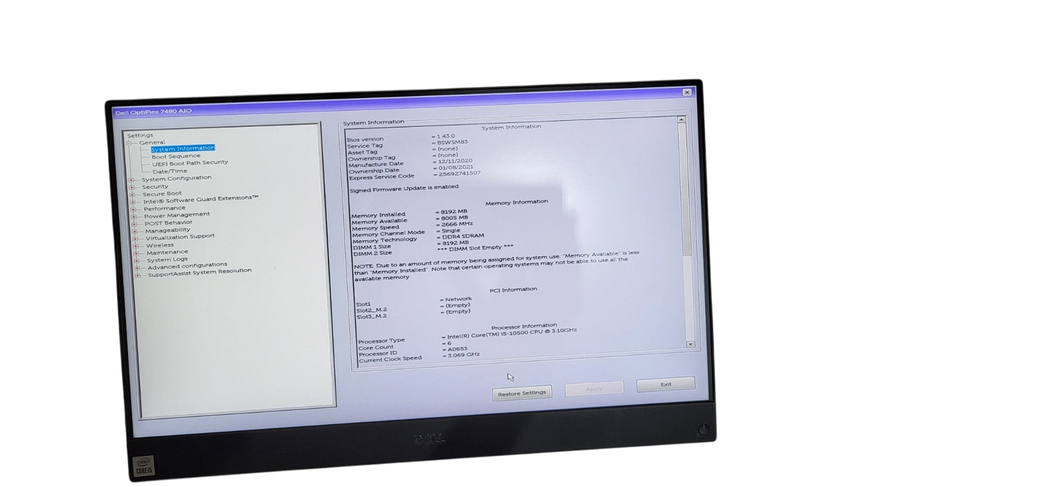 Dell 7480 AIO Series I5-10500 CPU |8GB DDR4 | 256GB NVMe | READ