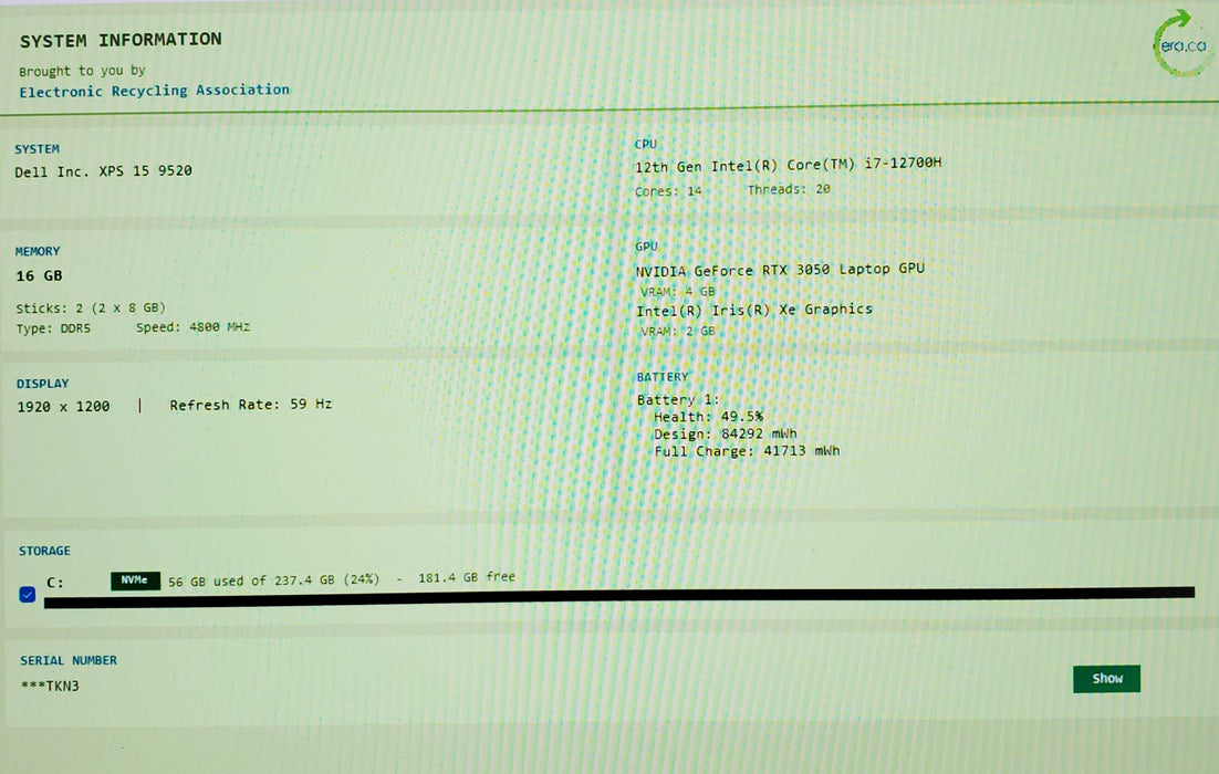Dell XPS 15 9520 i7-12700H 16GB DDR5 RTX 3050 256GB NVMe No AC READ