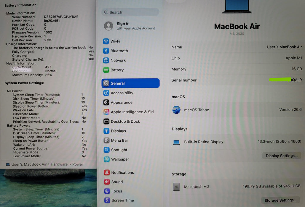 Apple MacBook Air 13" 2020 A2337 M1 16GB RAM 256GB SSD READ No Power Adapter