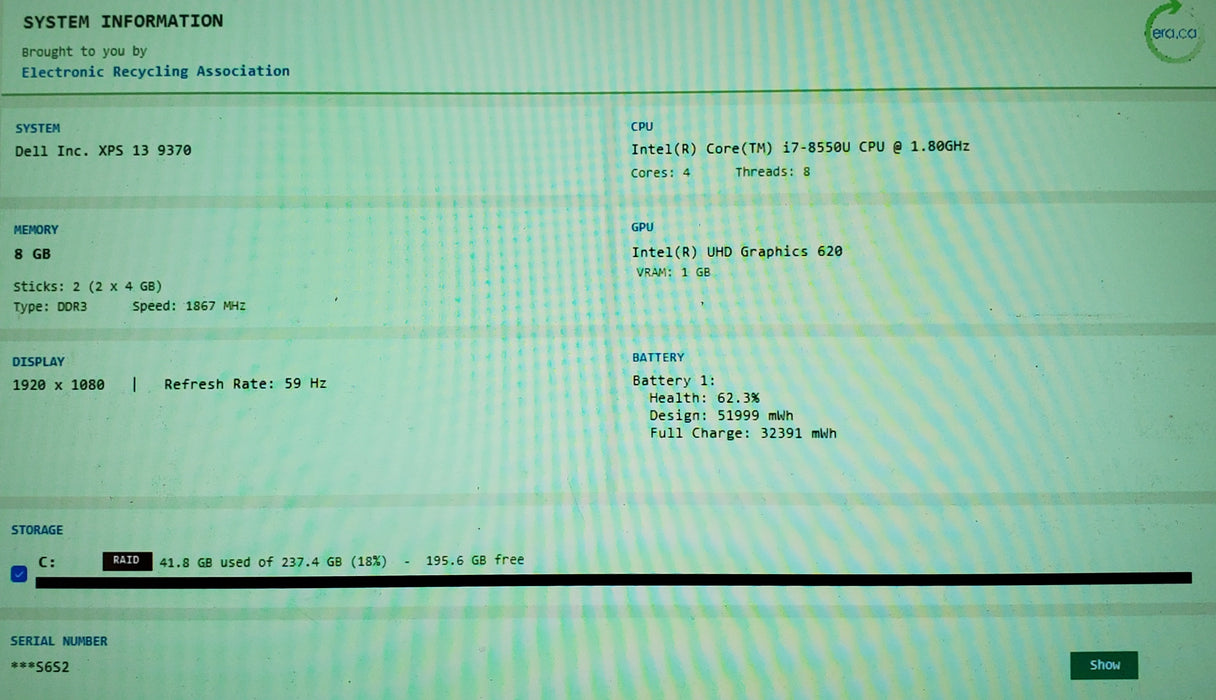 Dell XPS 13 9370 Core i7-8550U@1.8GHz 8GB RAM 256GB SSD