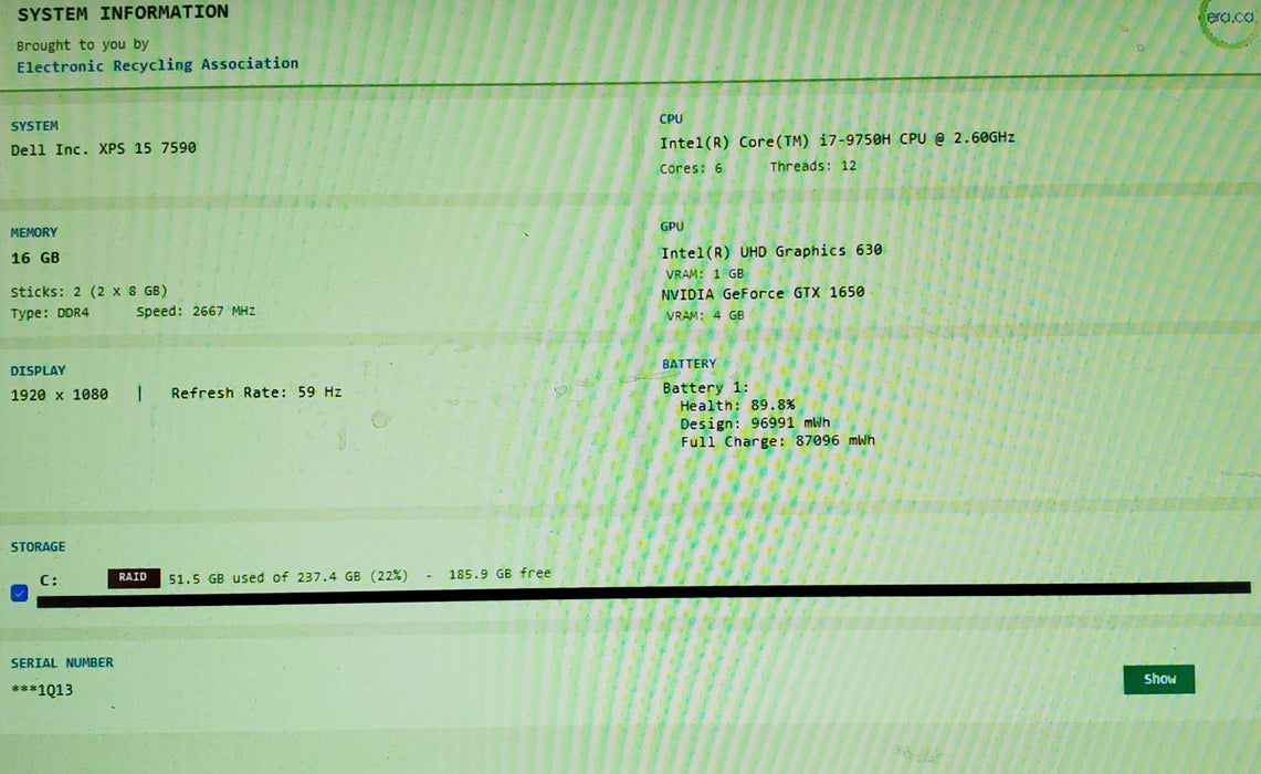 Dell XPS 15 7590 15" i7-9750H GTX1650 4GB GPU 16GB RAM 256GB SSD