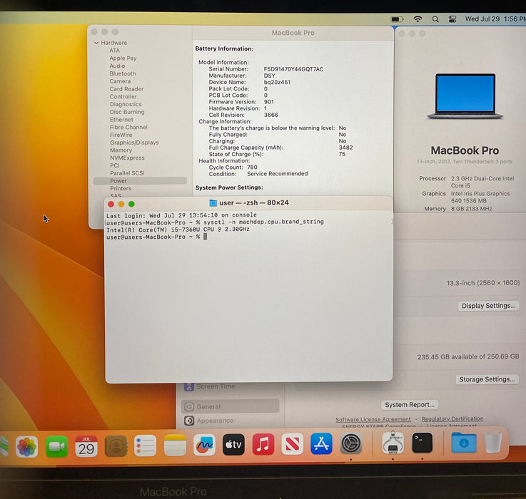 Apple MacBook Pro 13" 2017 i5-7360U 8GB RAM 256GB SSD No Power Adapter READ!