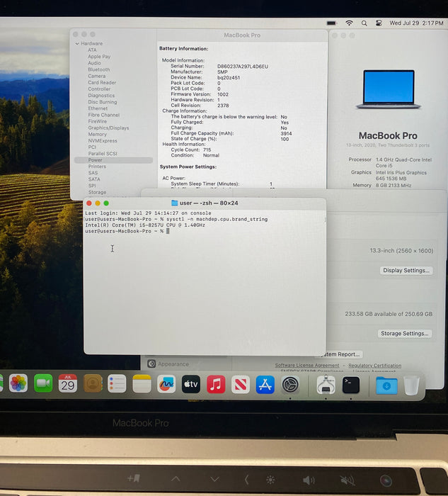 Apple MacBook Pro 13" 2020 i5-8257U 8GB RAM 256GB SSD no Power Adapter