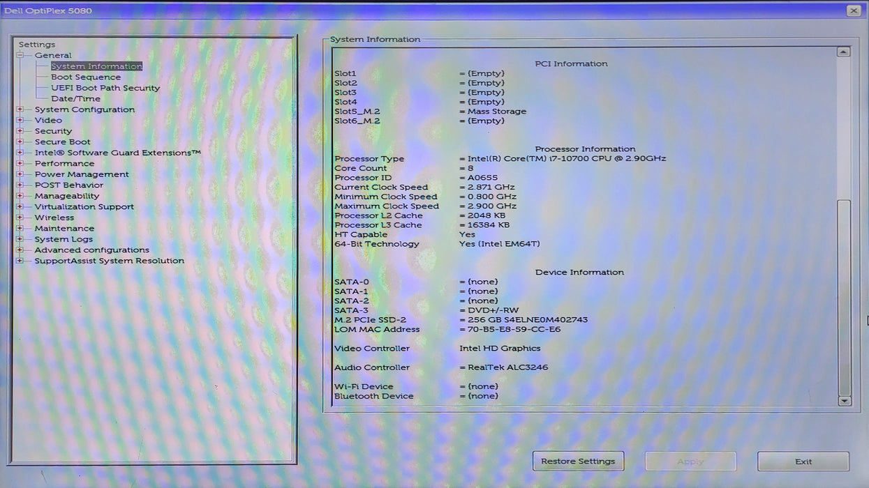 Dell OptiPlex 5080 Tower, i7-10700 2.90GHz, 16Gb DDR4, 256GB NVMe