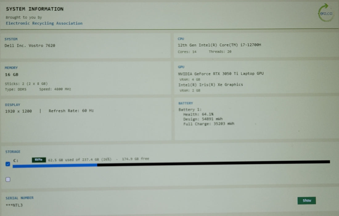 Dell Vostro 7620 16" i7-12700H 16GB DDR5 RTX 3050 256GB NVMe