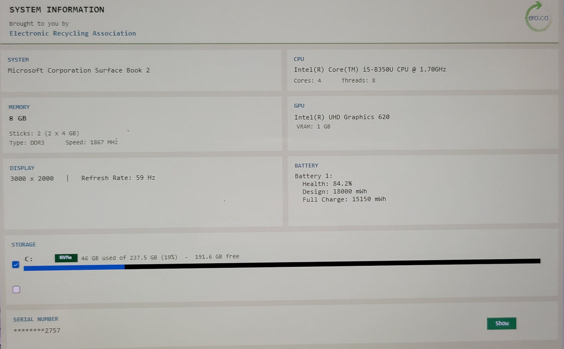 Microsoft Surface Book 2 i5-8350U 8GB RAM 256GB SSD