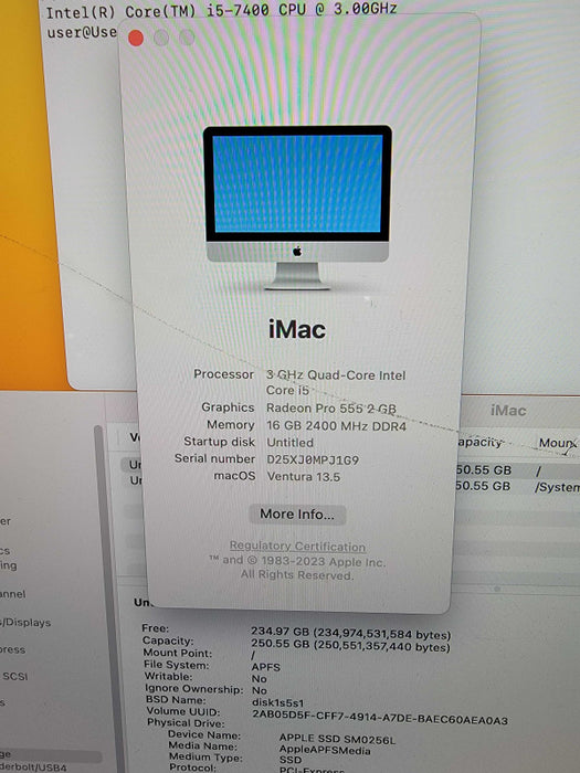 Apple iMac 21.5\\" 2017 Core i5-7400 3GHz, 16GB RAM, 250GB SSD, Ventura - READ