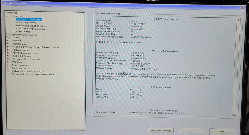 Dell OptiPlex 3060 SFF Computer Core i5 8500 @ 3GHz 8GB RAM 256GB SSD