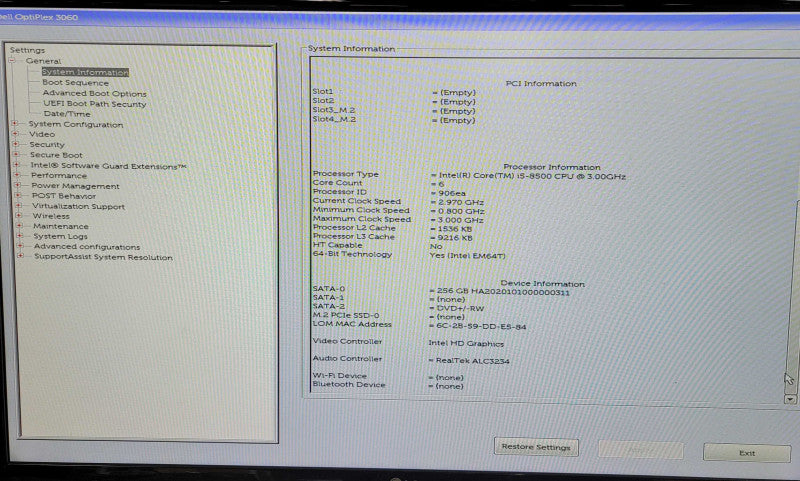 Dell OptiPlex 3060 SFF Computer Core i5 8500 @ 3GHz 8GB RAM 256GB SSD