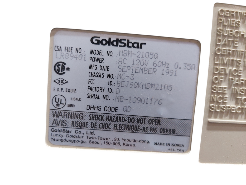 Vintage GoldStar Monitor CRT Model: MBM- 2105G Sept.1991