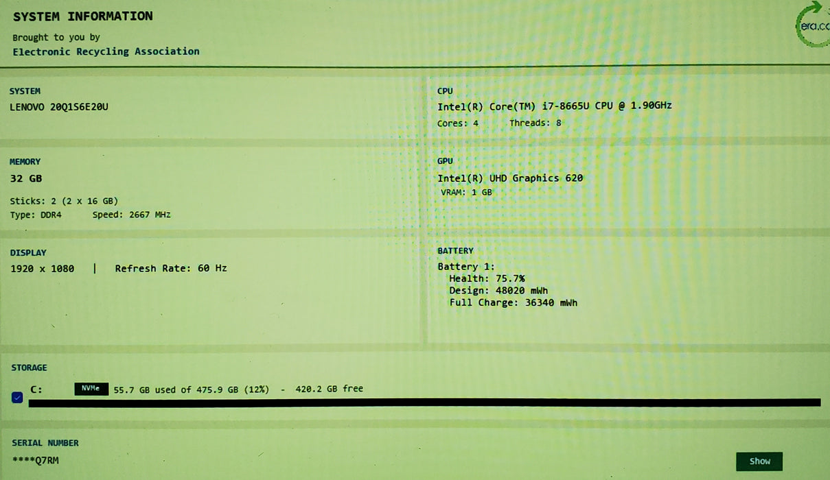 Lenovo ThinkPad X390 13.3” FHD i7-8665U 32GB RAM 256GB SSD READ