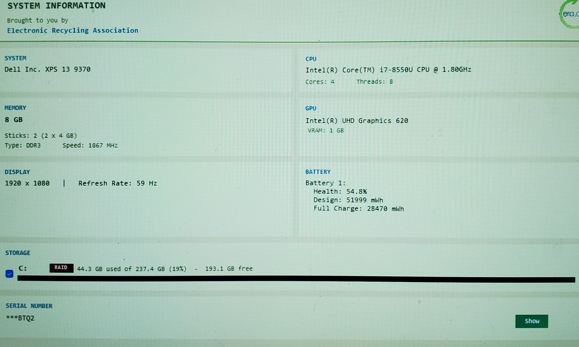Dell XPS 13 9370 Core i7-8550U@1.8GHz 8GB RAM 256GB SSD