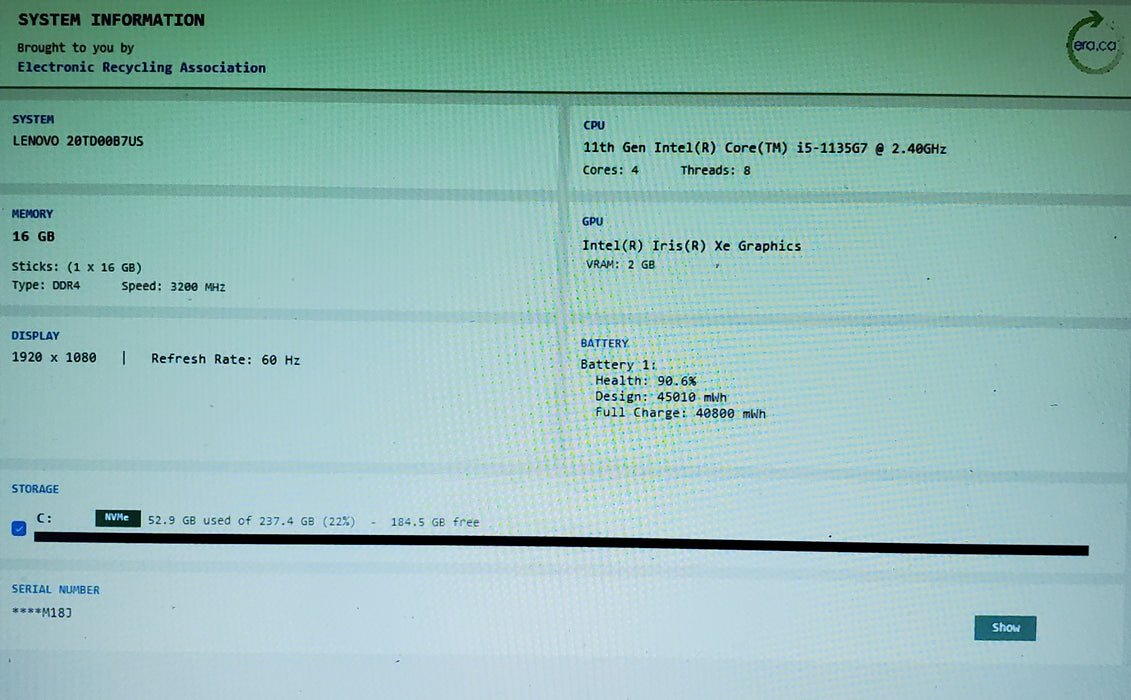 Lenovo ThinkPad E15 Gen 2 Intel Core i5-1135G7 2.40GHz 16GB RAM 256GB SSD