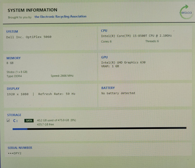 Dell Optiplex 5060 Micro, Core i5-8500T 2.10GHz, 8 GB DDR4, 512GB SSD