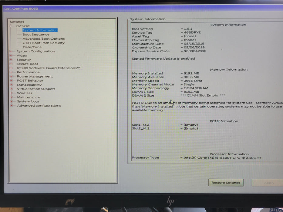 Dell Optiplex 5060 Micro, Core i5-8500T 2.10GHz, 8 GB DDR4, 512GB SSD