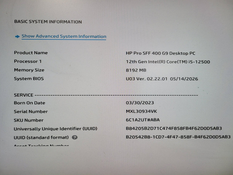 HP Pro SFF 400 G9 Intel Core i5-12500 8GB RAM 256GB NVMe SSD