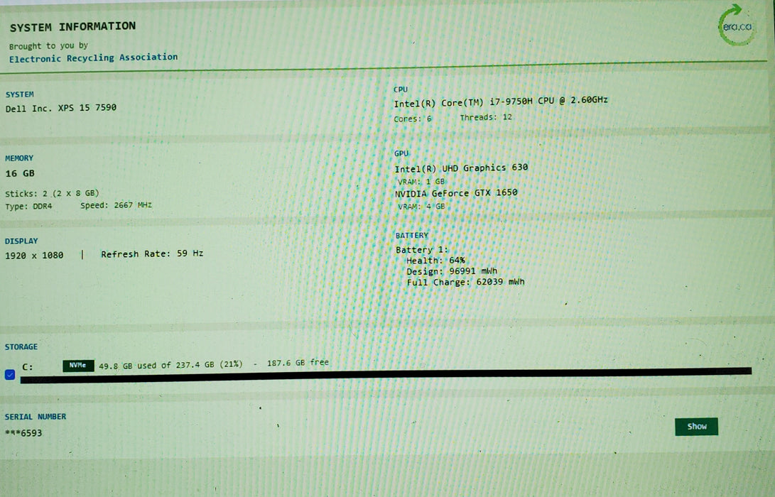Dell XPS 15 7590 15" i7-9750H GTX1650 4GB GPU 16GB RAM 256GB SSD READ