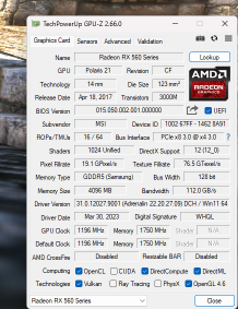 MSI Radeon RX 560 4GB Low Profile Graphics Card