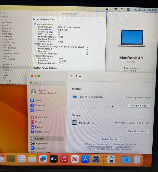 Apple MacBook Air 13 M1 2020 16GB RAM 256GB SSD Faulty LCD For Parts/Repair READ