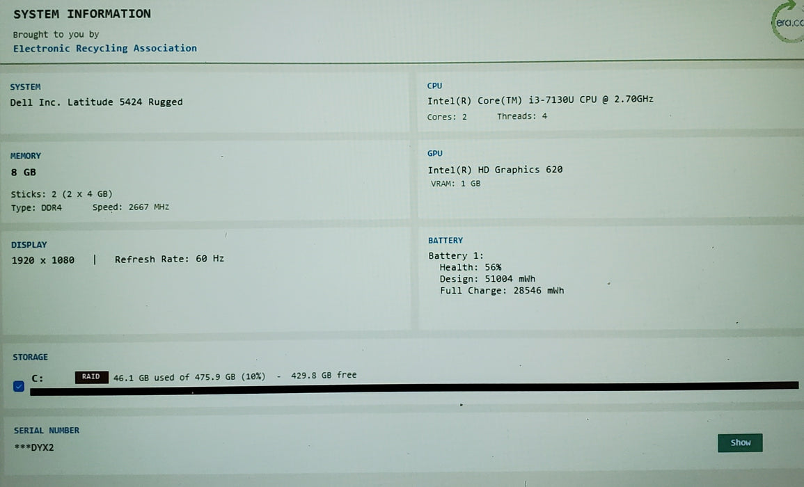 Dell Latitude 5424 Rugged 14" i3-7130U 2.70 GHz 8 GB RAM 512GB SSD