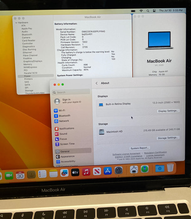Apple MacBook Air 13" M1 2020 16GB RAM 256GB SSD No Power Adapter