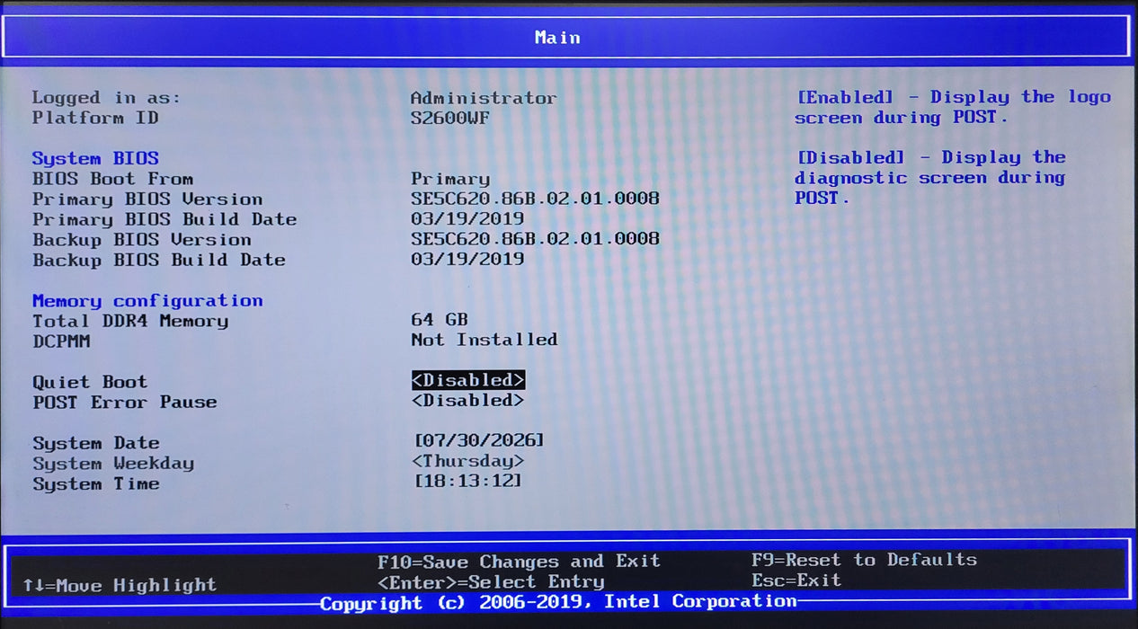 Intel S2600WF 2U Server, 2x Xeon Gold 6134, 64GB DDR4, No HDD, 1200W PUS