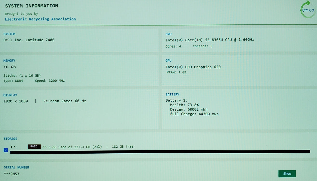 Dell Latitude 7400 14" Intel i5-8365U CPU @ 1.60 GHz  16GB RAM 256GB SSD READ