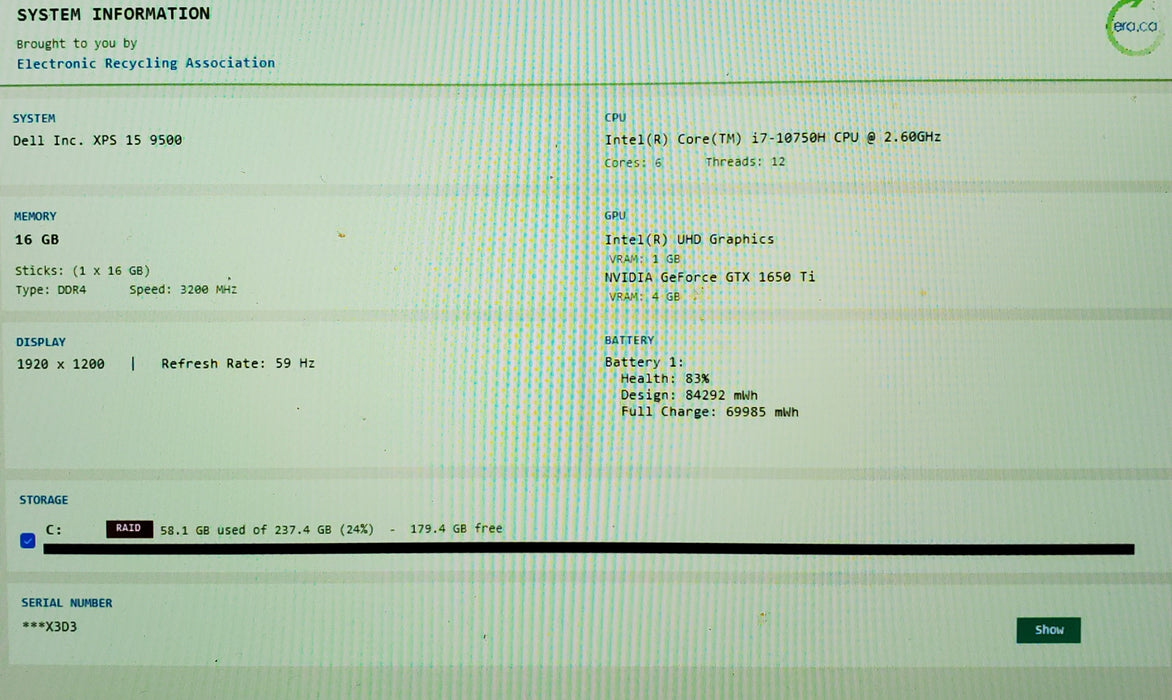 Dell XPS 15 9500 i7-10750H GTX 1650 4GB GPU 16GB RAM 256GB SSD No Power Adapter