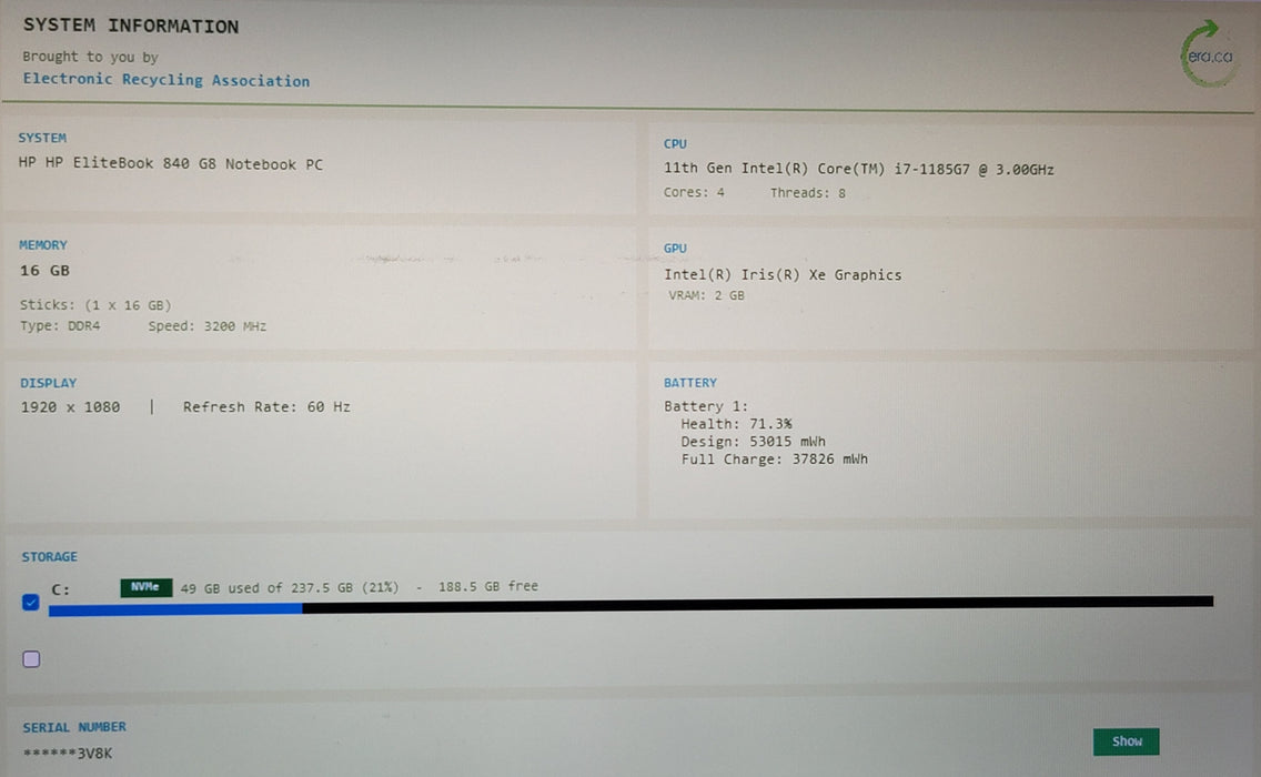 HP EliteBook 840 G8 14" i7-1185G7 16GB DDR4 256GB NVMe READ