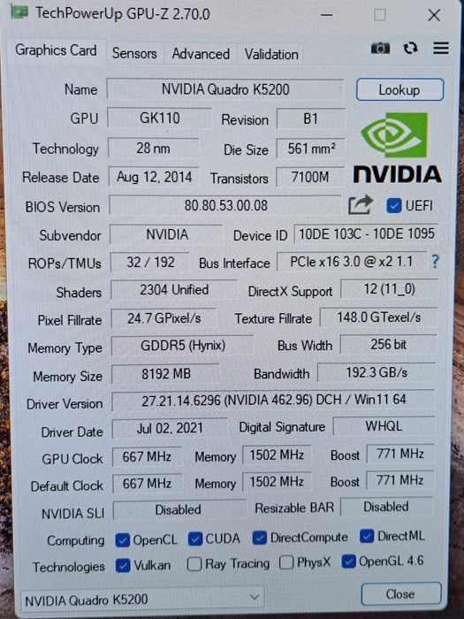 Dell NVIDIA Quadro K5200 8GB GDDR5 Workstation Graphics Card | Dell PN: 0R93GX