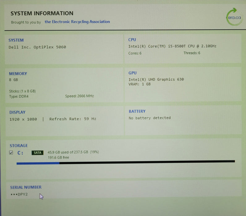 Dell Optiplex 5060 Micro, Core i5-8500T 2.10GHz, 8 GB DDR4, 256GB SSD