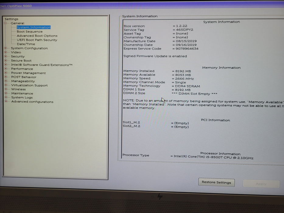 Dell Optiplex 5060 Micro, Core i5-8500T 2.10GHz, 8 GB DDR4, 256GB SSD