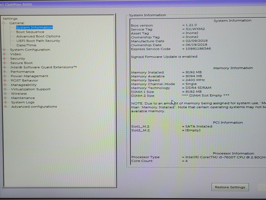 Dell OptiPlex 5050 Micro PC, Core i5-7600T 2.80Ghz 8GB DDR4 256GB SSD