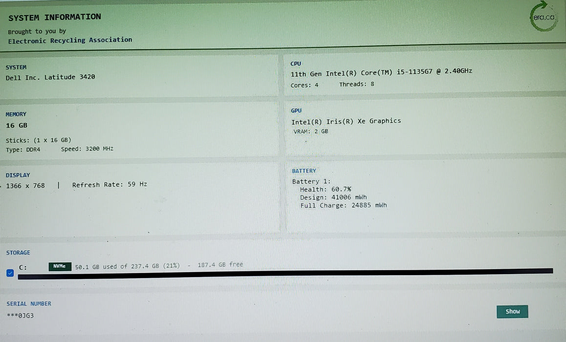 Dell Latitude 3420 i5-1135G7 - 16GB RAM - 256 GB NVME