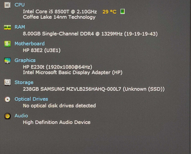 HP EliteDesk 800 G4 DM, i5-8500T 2.1GHz 6C, 8GB DDR4, 256GB Nvme, WiFi w/ PWR QJ
