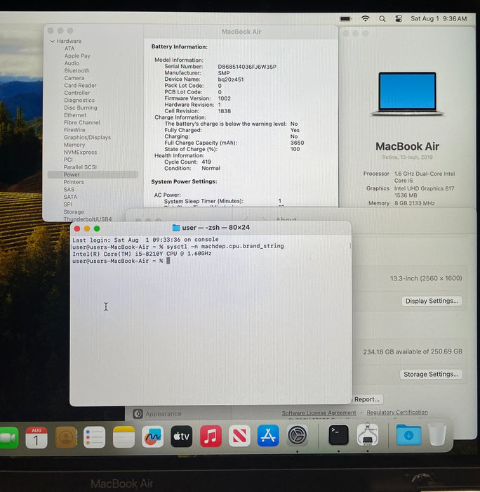 Apple MacBook Air 13" 2019 i5-8210Y 8GB 256SSD Faulty LCD For Parts/Repair