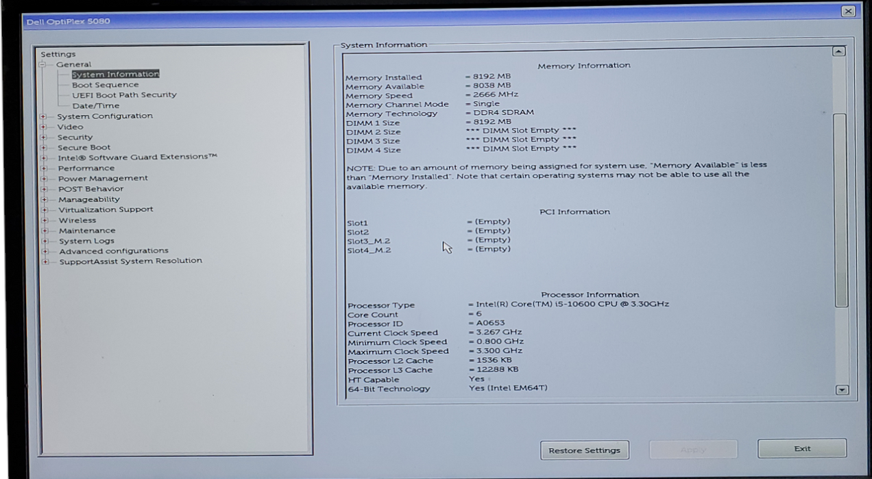 Dell Optiplex 5080 SFF i5-10600 3.30GHz 8GB RAM NO-HDD/SSD