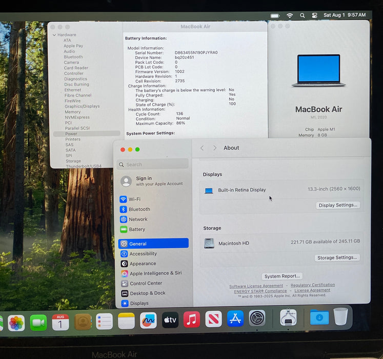 Apple MacBook Air 13" M1 2020 8GB RAM 256GB SSD No Power Adapter READ