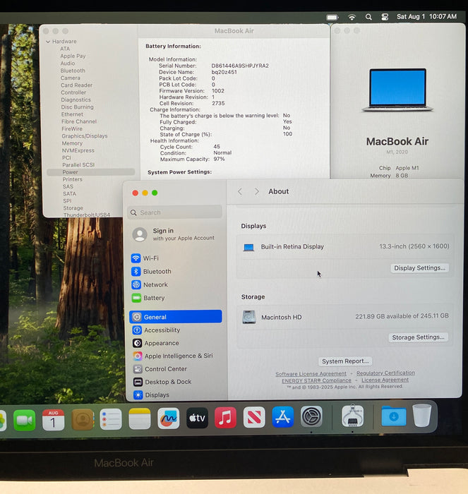 Apple MacBook Air 13" M1 2020 8GB RAM 256GB SSD No Power Adapter