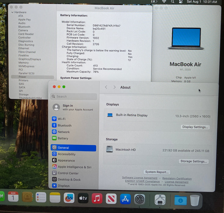 Apple MacBook Air 13" M1 2020 8GB RAM 256GB SSD No Power Adapter READ!
