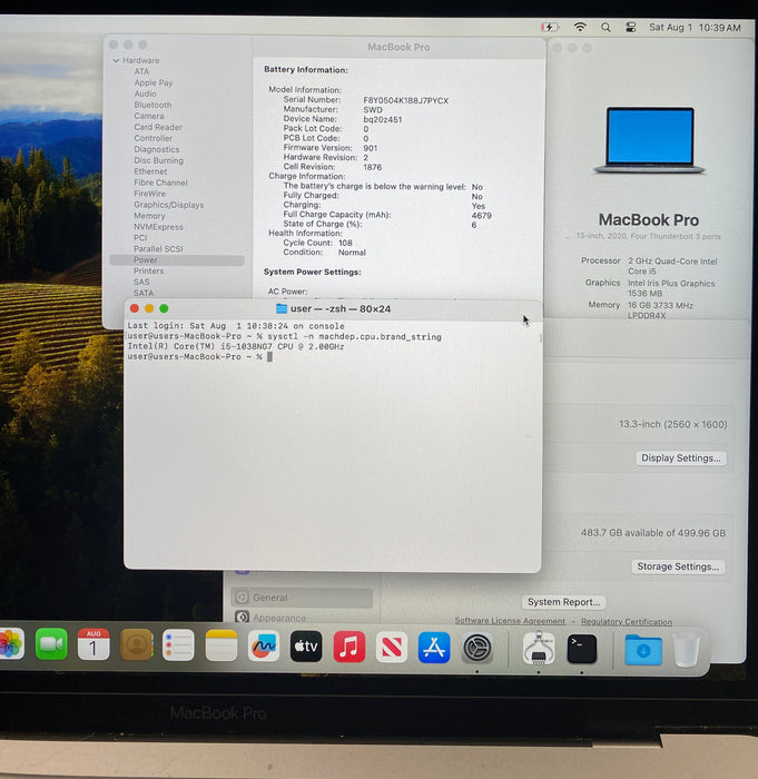 Apple MacBook Pro 13" 2020 Core i5-1038NG7 16GB RAM 512GB SSD No power Adapter
