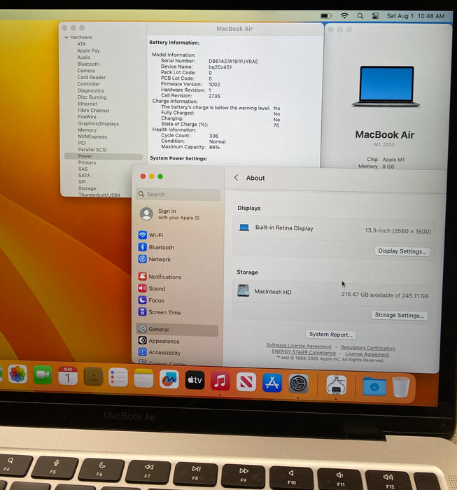 Apple MacBook Air 13" M1 2020 8GB RAM 256GB SSD No Power Adapter