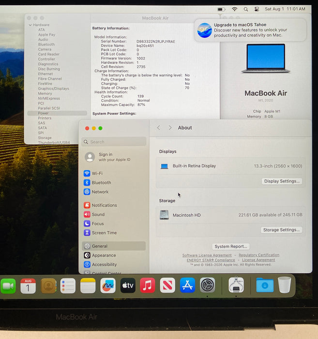 Apple MacBook Air 13" M1 2020 8GB RAM 256GB SSD No Power Adapter