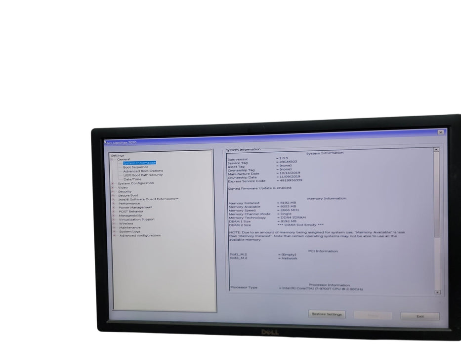 Dell Optiplex 7070 Micro i7 - 9700T @ 2.00GHz 8GB DDR4 Ram No HDD