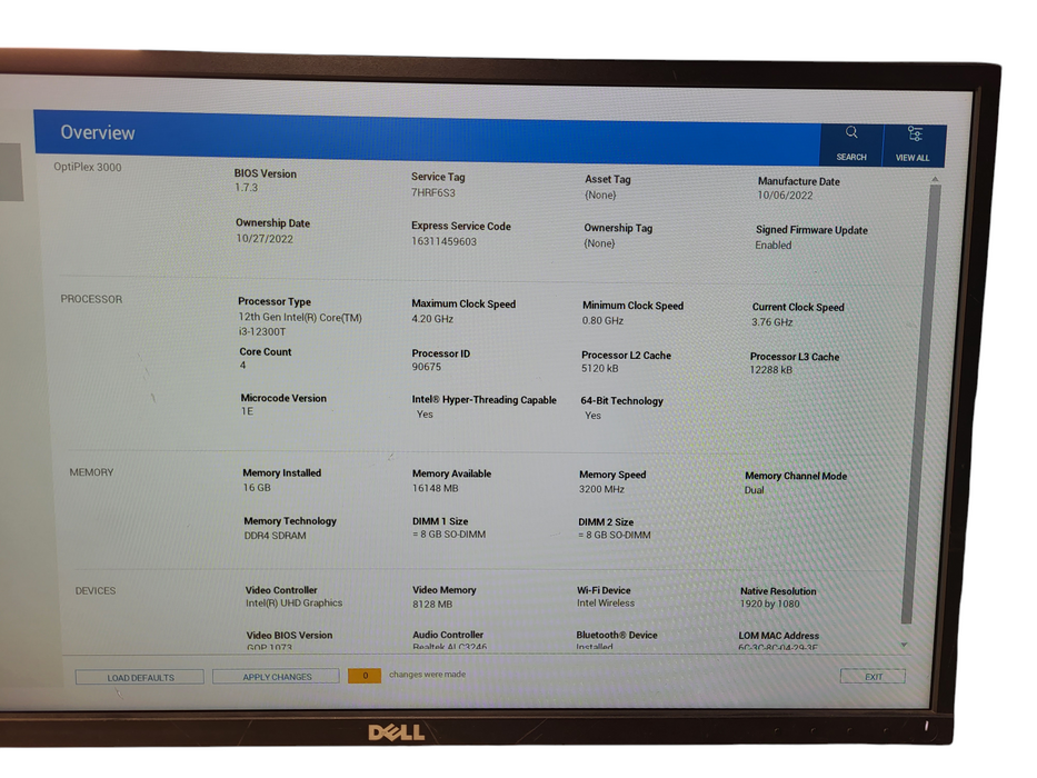Dell OptiPlex 3000 MFF i3-12100T 3.6GHz 16GB RAM 256GB NVme /w AC & WiFi