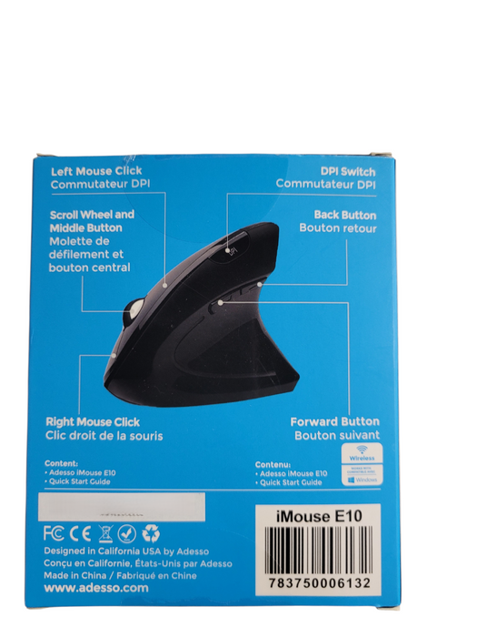 Adesso iMouse E10 Wireless Vertical Ergonomic Mouse Optical 1600 DPI Black