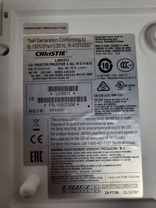 CHRISTIE LW551i LCD Projector, No remote, 487 Lamp Hours